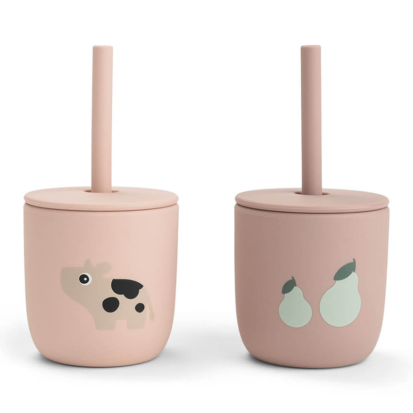 Set van 2 drinkbekers met rietje in silicone Tiny Farm Roze 