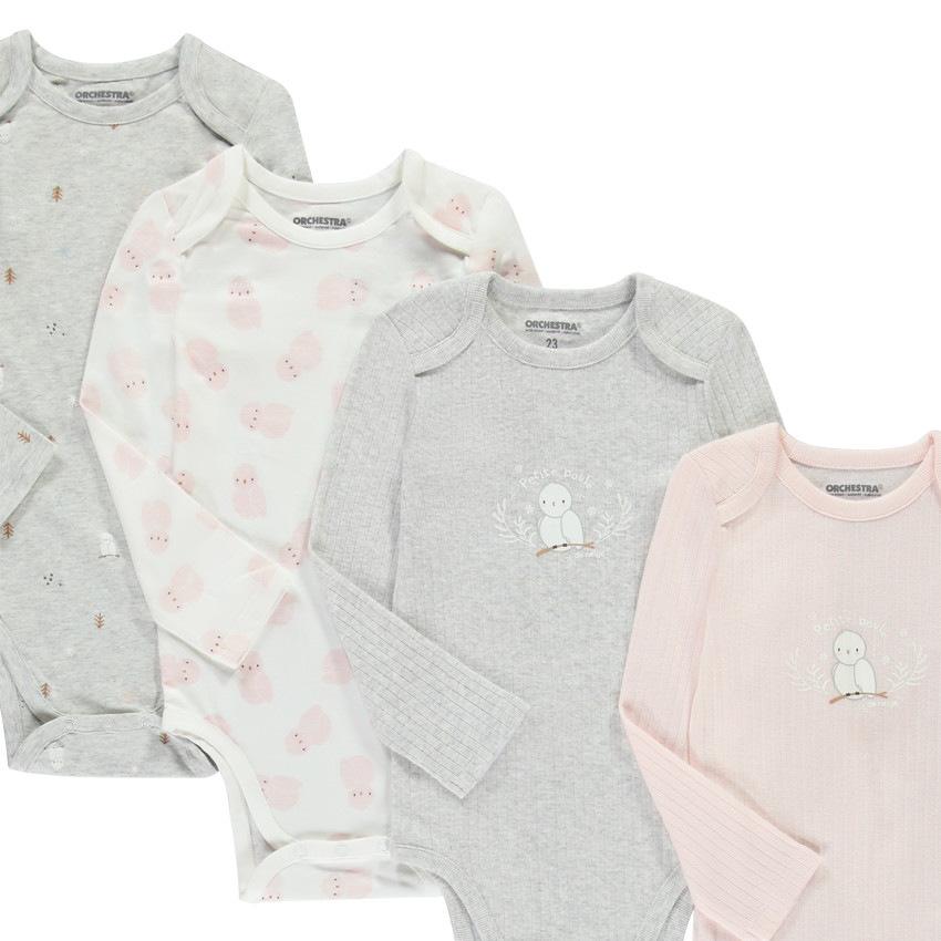 Lot de 7 bodies manches longues motifs Chouette pour bébé fille avec ouvertures différentes selon l'âge 