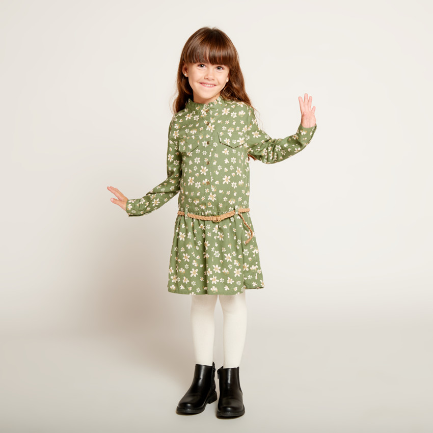 Kaki jurk met lange mouwen en bloemenprint voor meisjes 