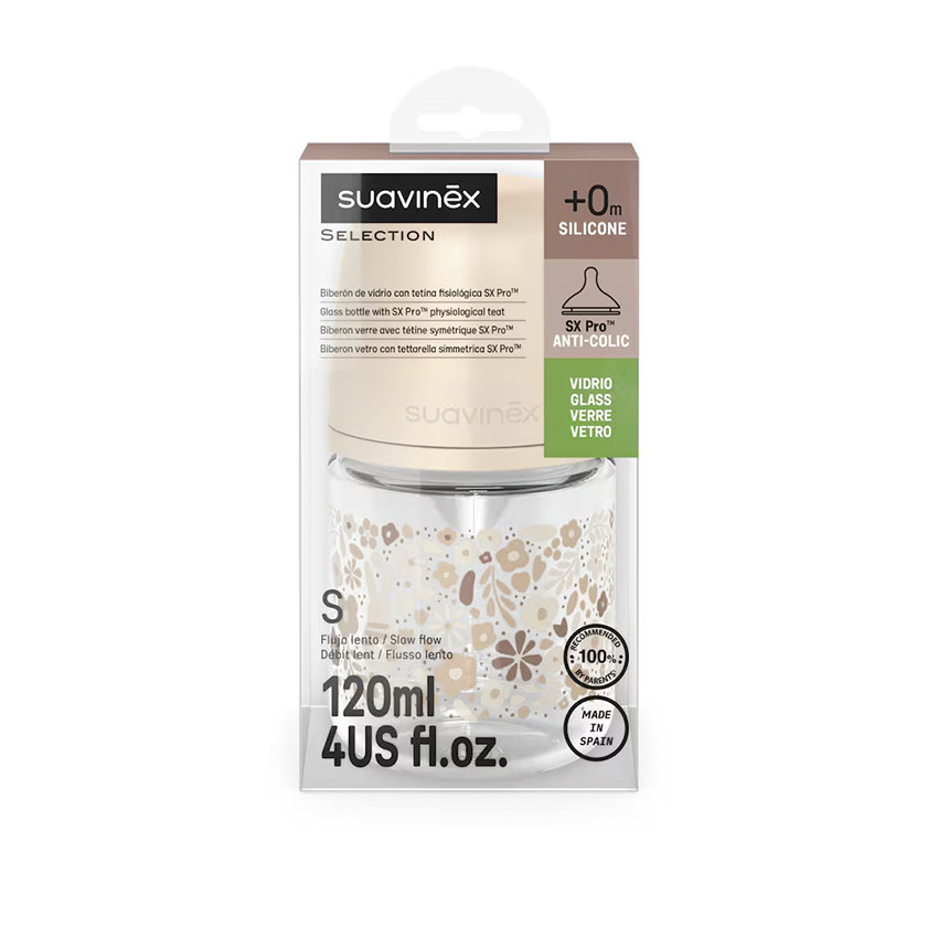 Glazen fles met symmetrische speen SX Pro S 120ml Liberty beige 