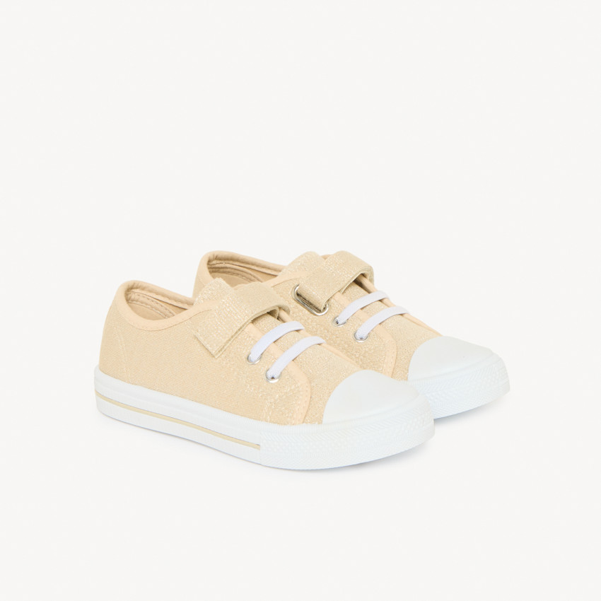 Lage sneakers van gouden stof met klittenband voor meisjes 