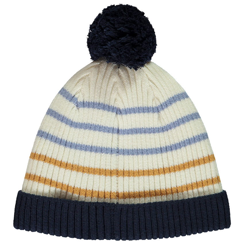Muts met pompon in gebreid gestreept gevoerd voor jongen 