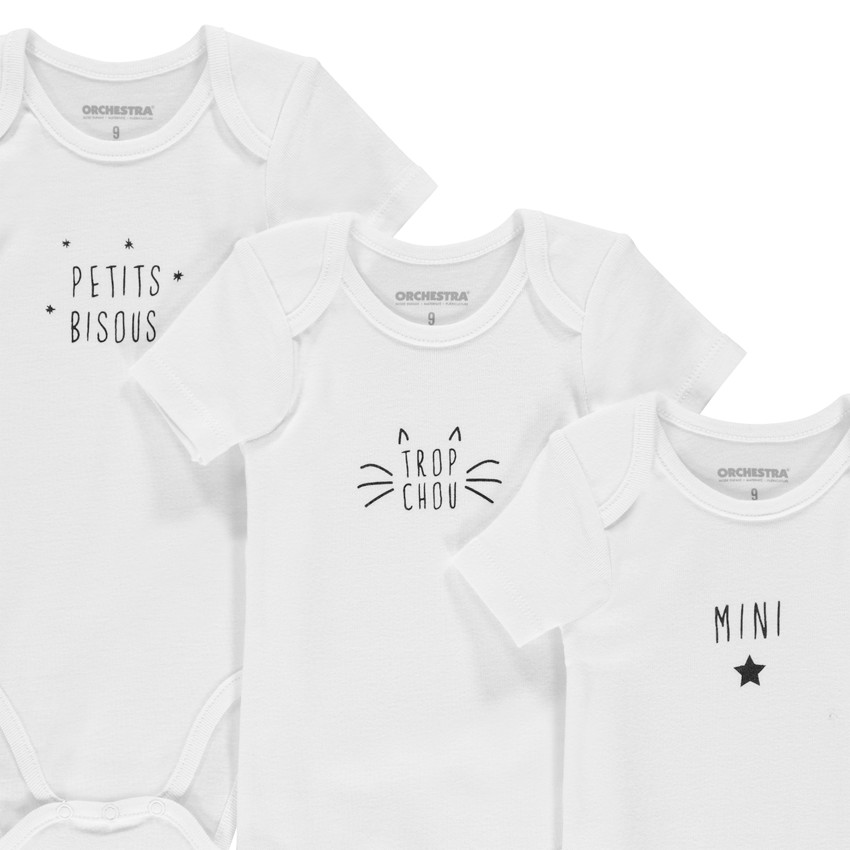 Lot de 3 bodies manches courtes en coton à message printé pour bébé fille 