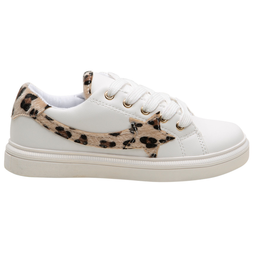 Lage witte sneakers met details met namaak luipaardbont 