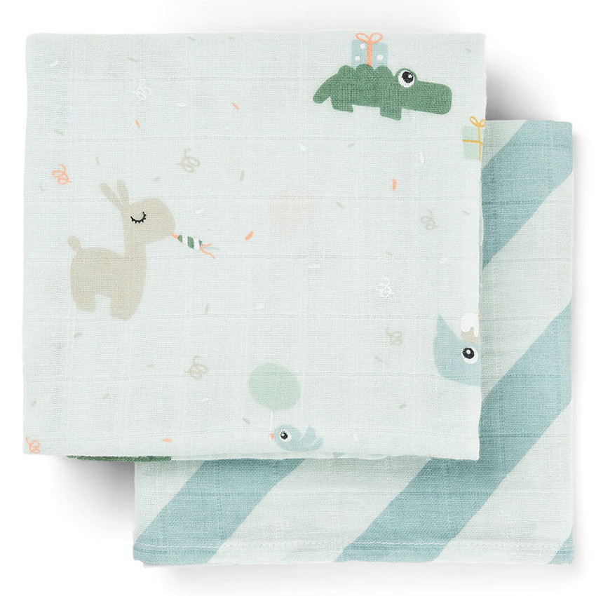 Lot de 2 langes mousseline 65x65cm Celebration Bleu 