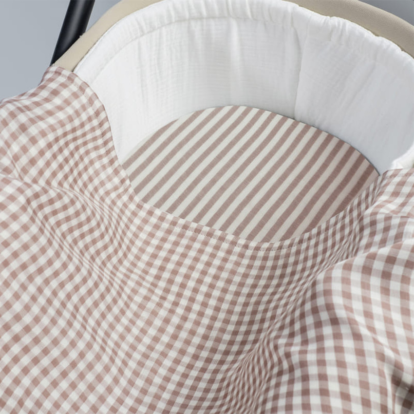Drap housse nacelle Rayures + Lange mousseline Praliné Vichy Moka 