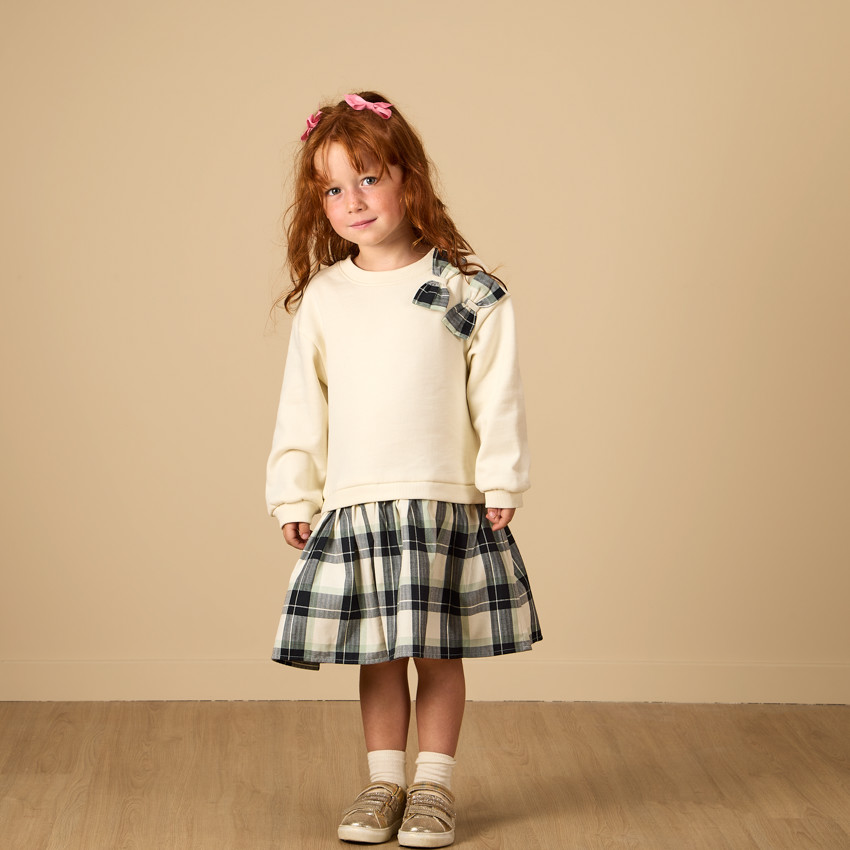 Robe effet 2 en 1 bi-matière à carreaux pour fille 