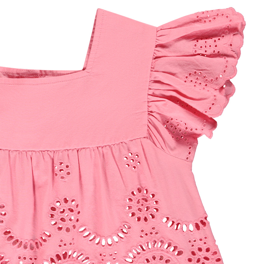 Tuniek in viscose voile met pofmouwen en Engels borduursel voor meisjes 