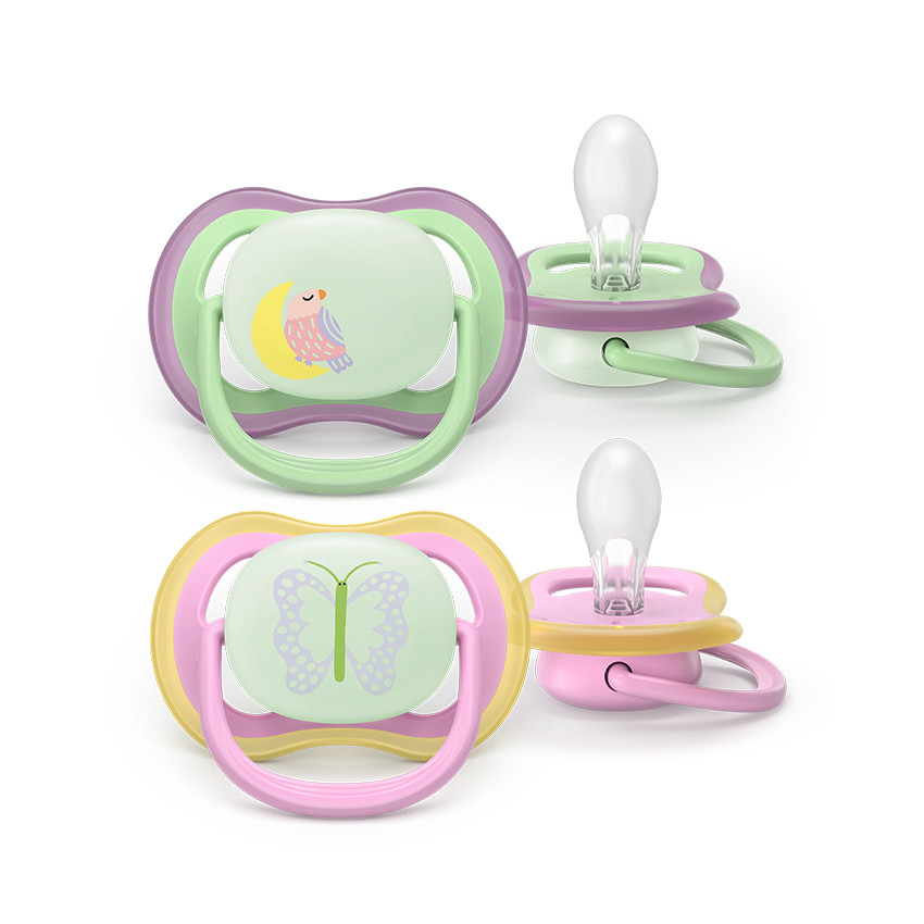 Set van 2 siliconen fopspenen 6-18M Ultra Air nacht met decoratie 