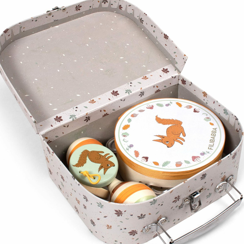 VALISETTE AVEC 3 INSTRUMENTS MUSICAUX EN BOIS  