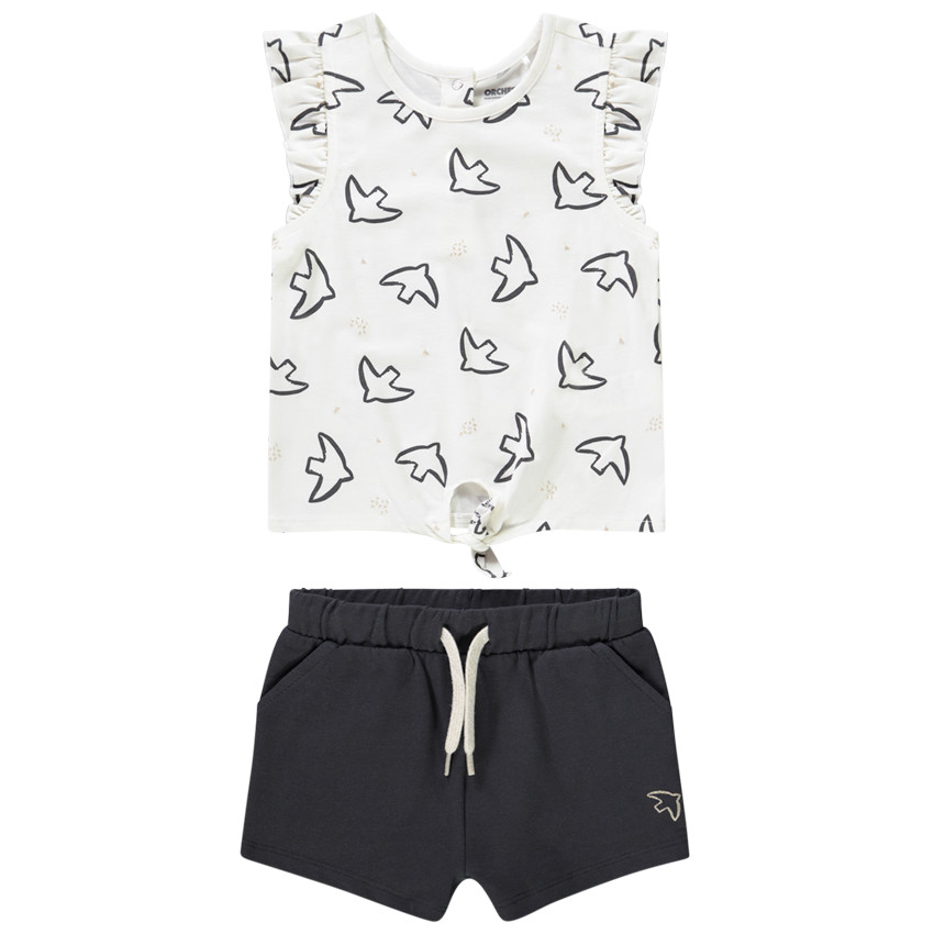 Ensemble short + débardeur imprimé oiseaux fantaisie pour bébé fille 