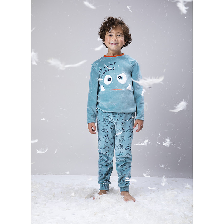 Fluwelen pyjama met monster in reliëf, voor jongens 
