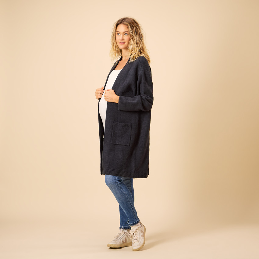 Gilet long uni en tricot avec poches pour femme 