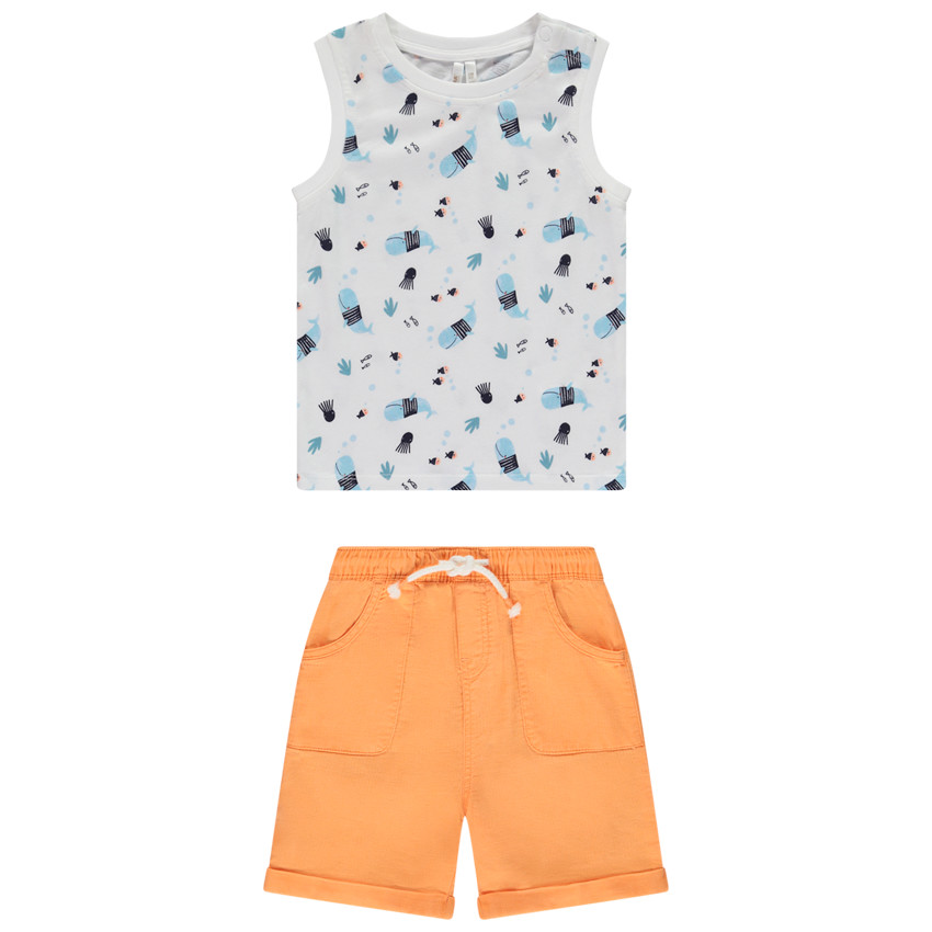 Ensemble bermuda uni + mouwloos bedrukt marin hemdje voor baby jongen 