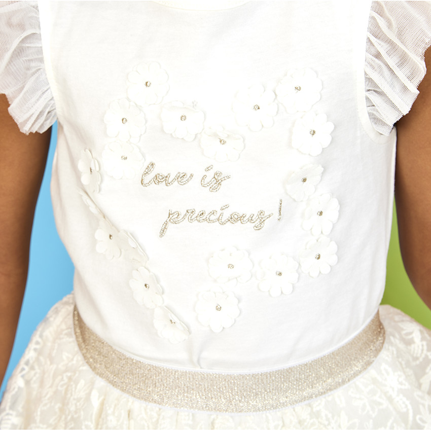 T-shirt manches courtes en tulle et fleurs 3D pour fille 