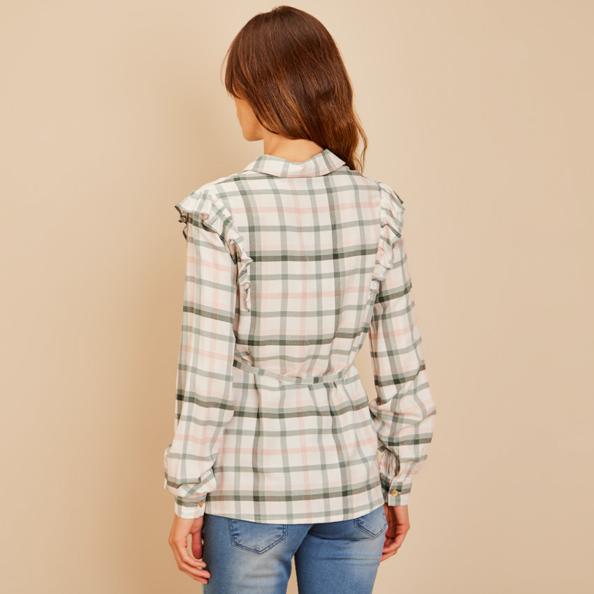 Lange mouwen geruite blouse met ceintuur voor dames 