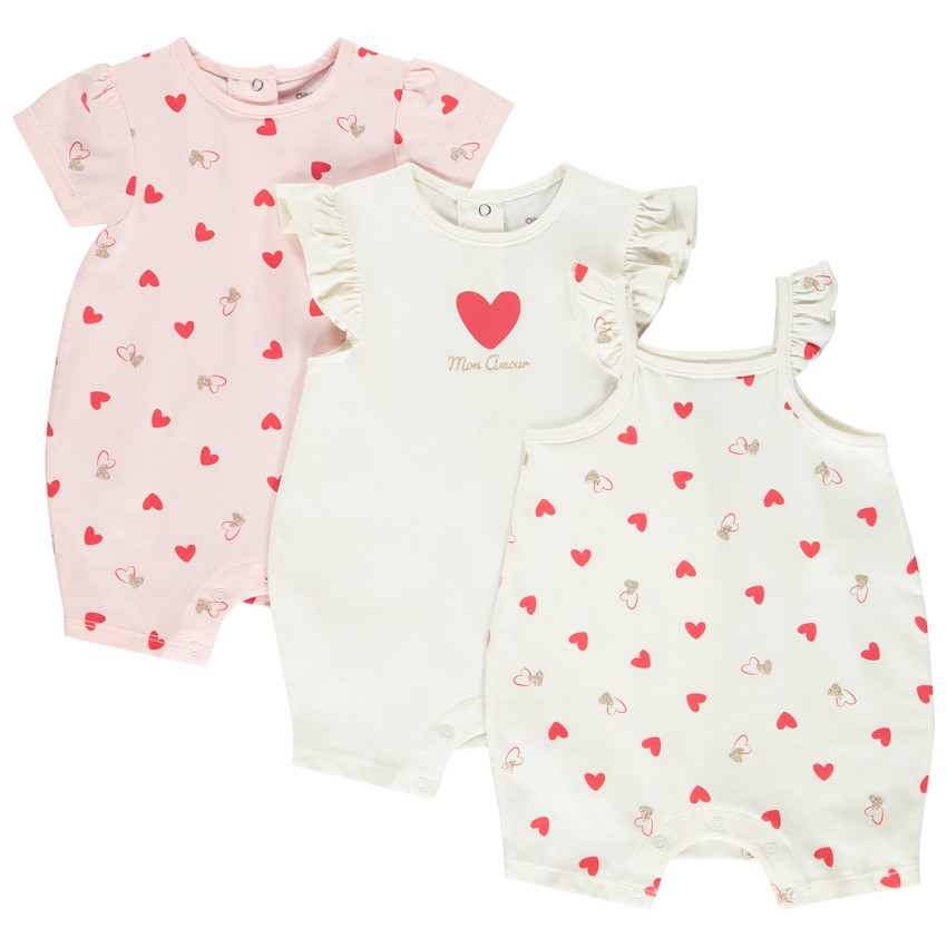 Lot de 3 combishorts fantaisie à cœurs pour bébé fille 