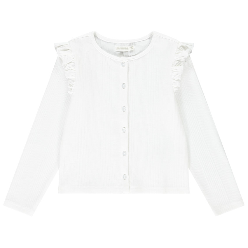 Gilet manches longues uni en maille côtelé et volants pour fille 