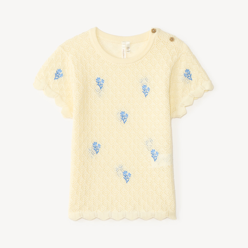 T-shirt met korte mouwen van breiwerk met bloemenborduursels voor babymeisjes 