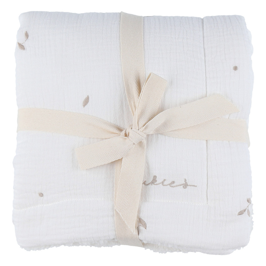 Deken geborduurd bladeren 100x140cm Mousseline & Sherpa Wit  