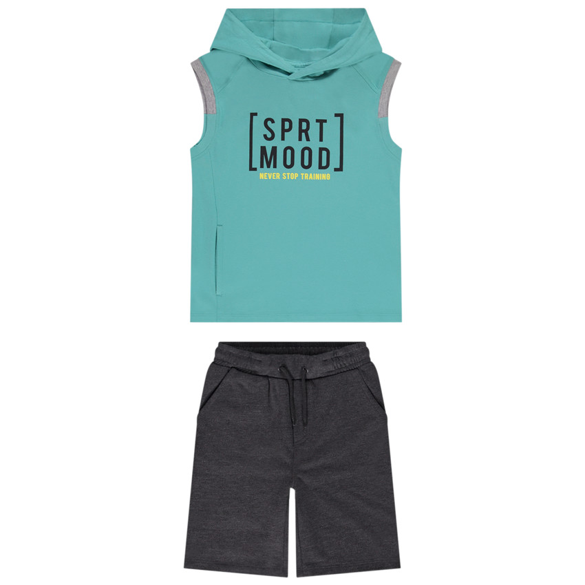 2-delige set van jersey met mouwloze sweater voorzien van kap + short voor jongens 
