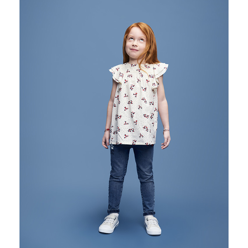 Slim jeans met washed look en geborduurde bloemen voor meisjes 