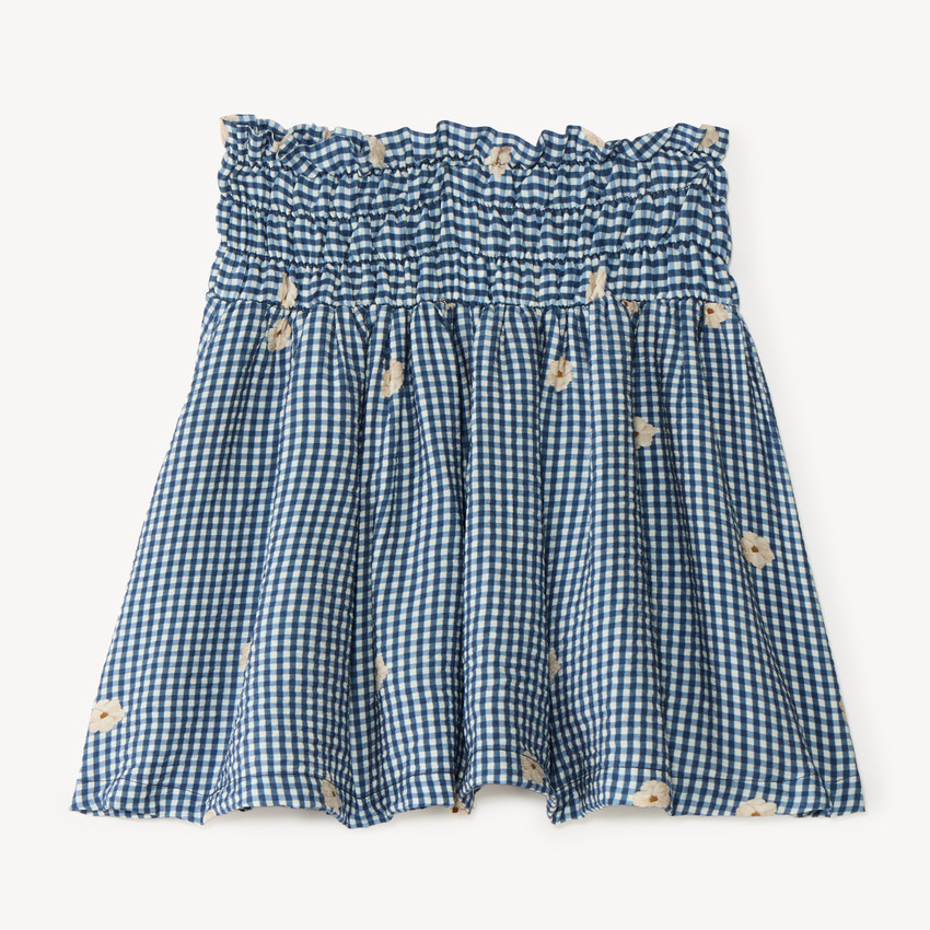 Jupe fille vichy smockée et broderie fleurie 
