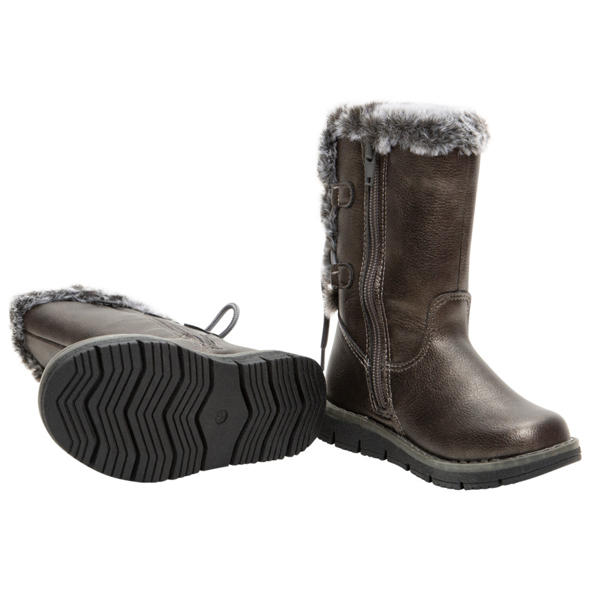 Laarsjes met ledereffect en decoratieve veters en namaakbont van maat 24 tot 27 