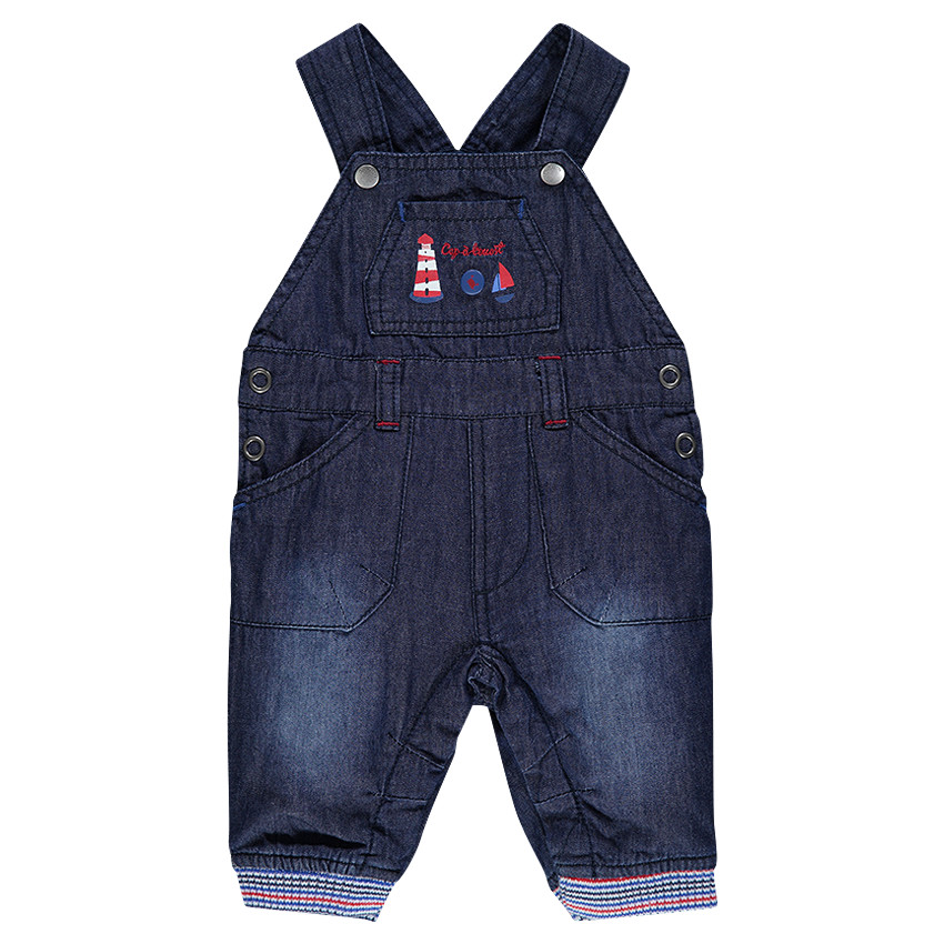 Salopette en denim effet used avec prints fantaisie 