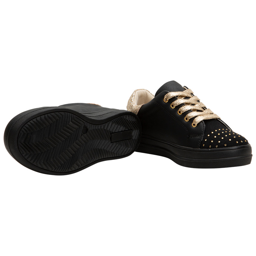 Sneakers met ledereffect, strassteentjes en gouden veters 