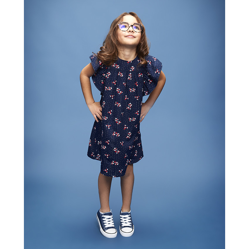 Jurk met korte volantmouwen en bloemen- en stippenprint voor meisjes 