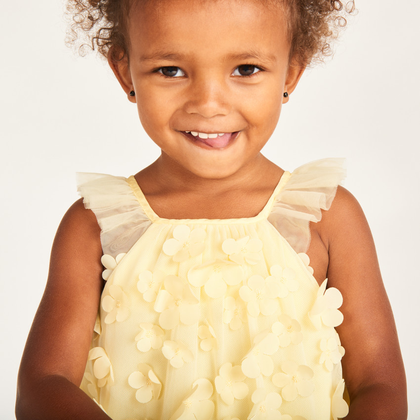 Effen tule en satijnen jurk met 3D bloemen voor babymeisjes 