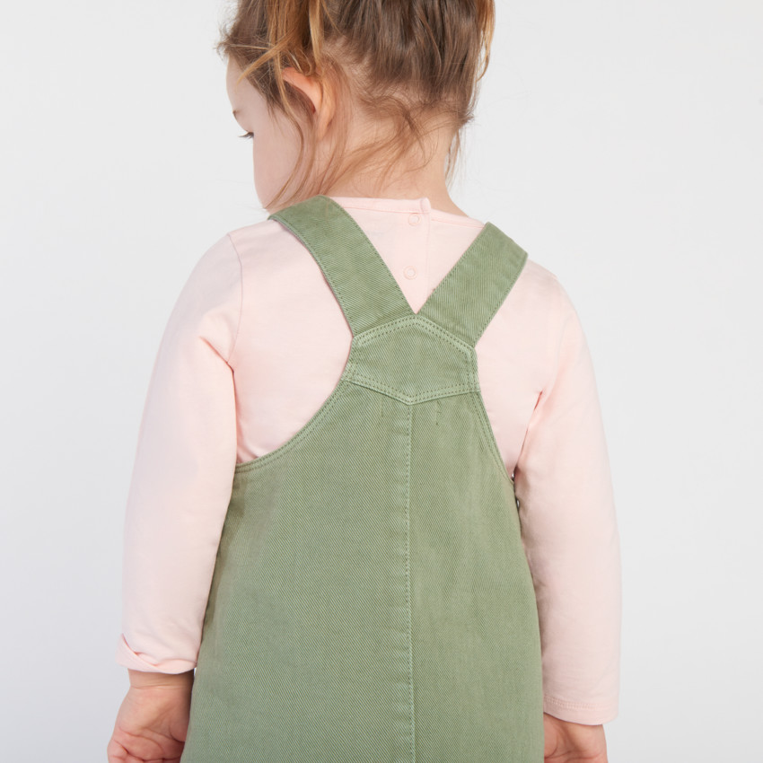 Robe salopette uni en denim kaki à poches pour bébé fille 
