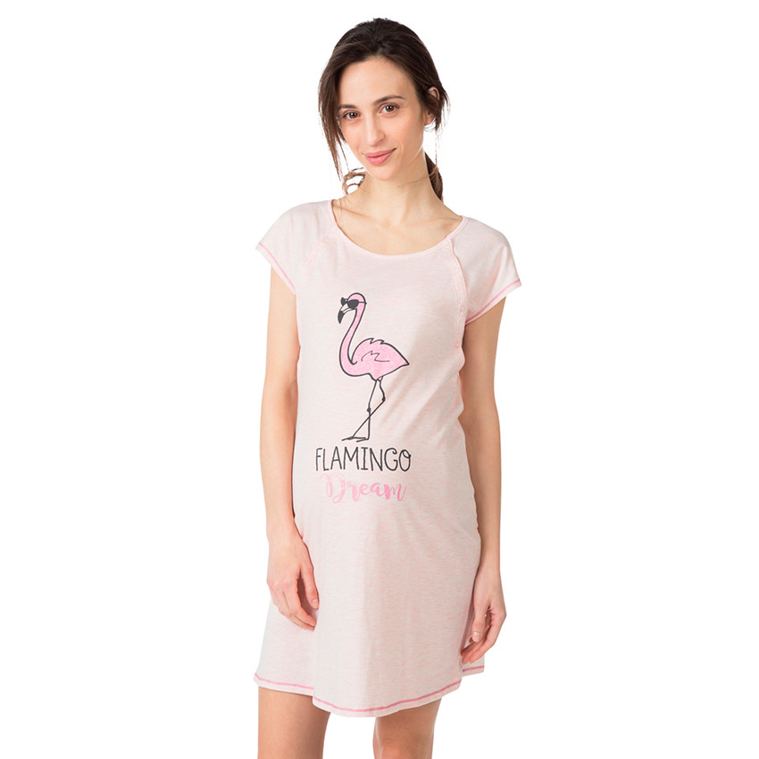 Chemise de nuit de grossesse et d'allaitement print flamant rose pailleté 