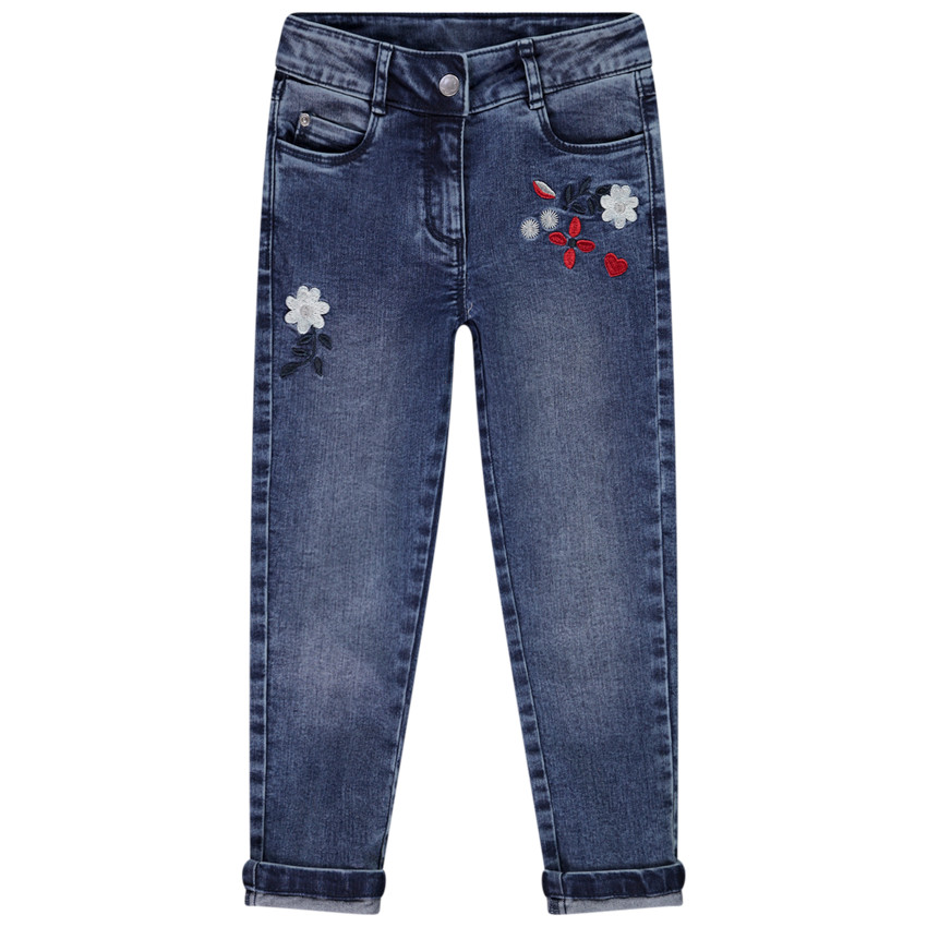 Slim jeans met washed look en geborduurde bloemen voor meisjes 