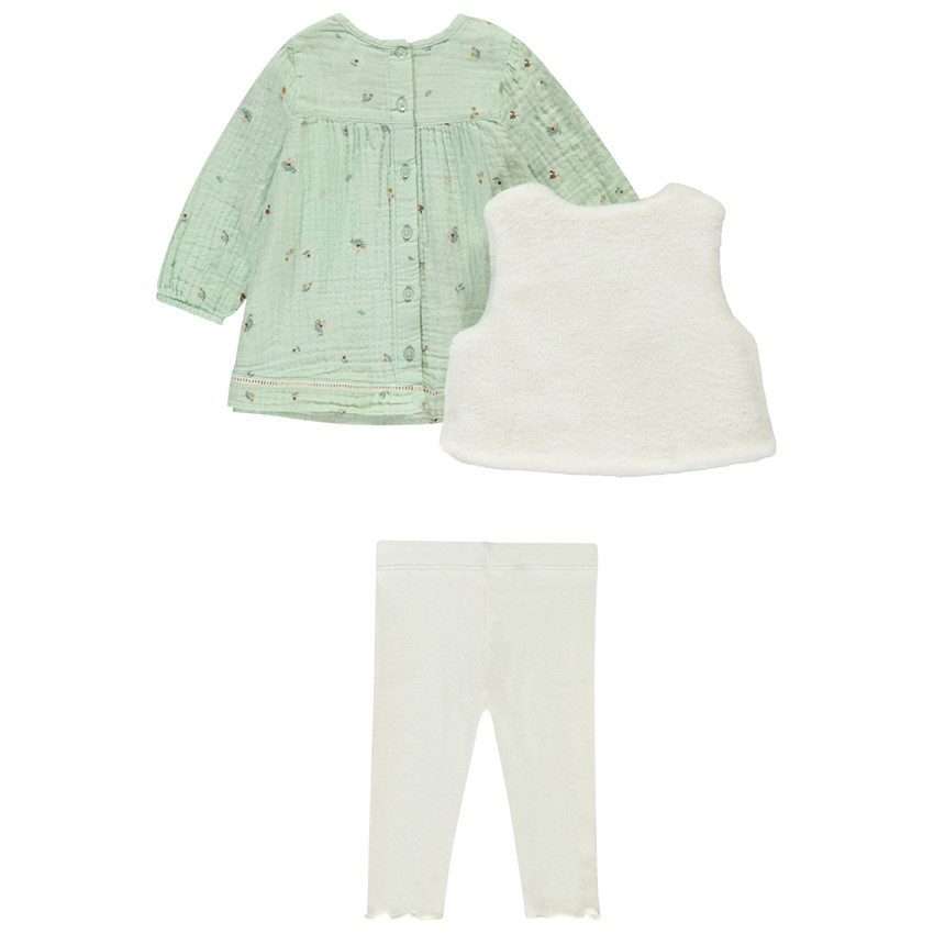 Ensemble tunique imprimé fleurs + gilet + legging pour bébé fille 