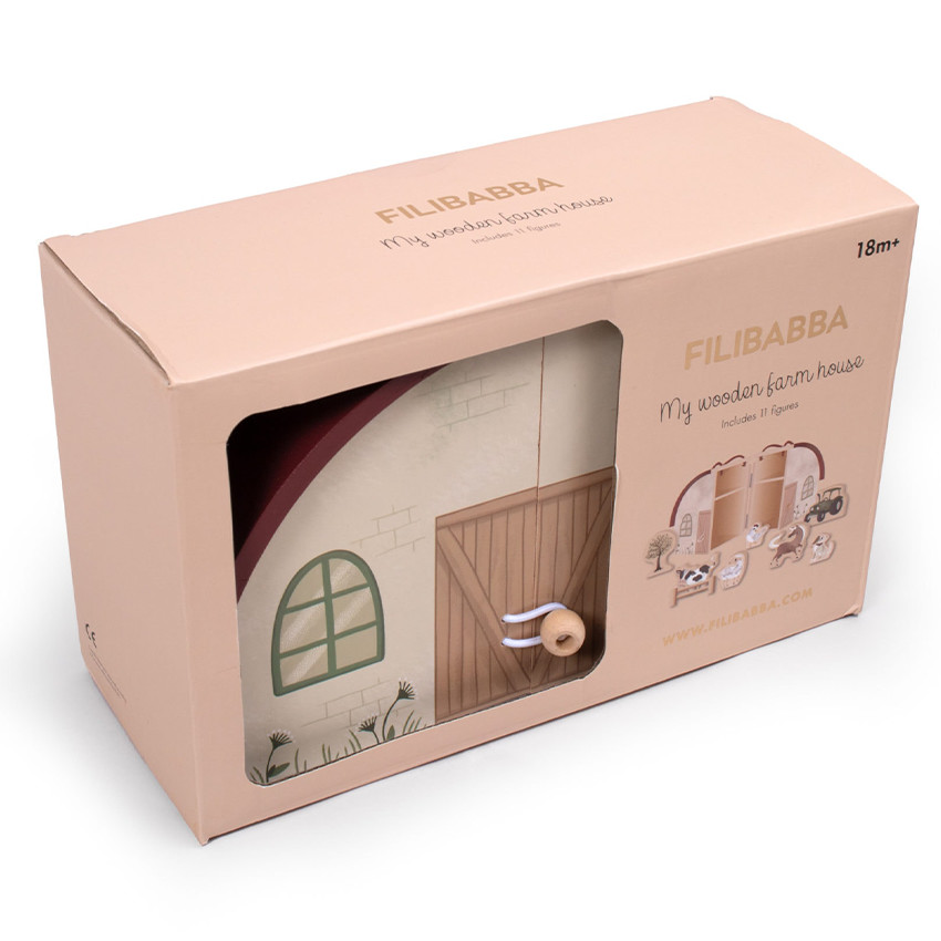 Houten boerderij met handvatten en 8 figuurtjes 18m+ 