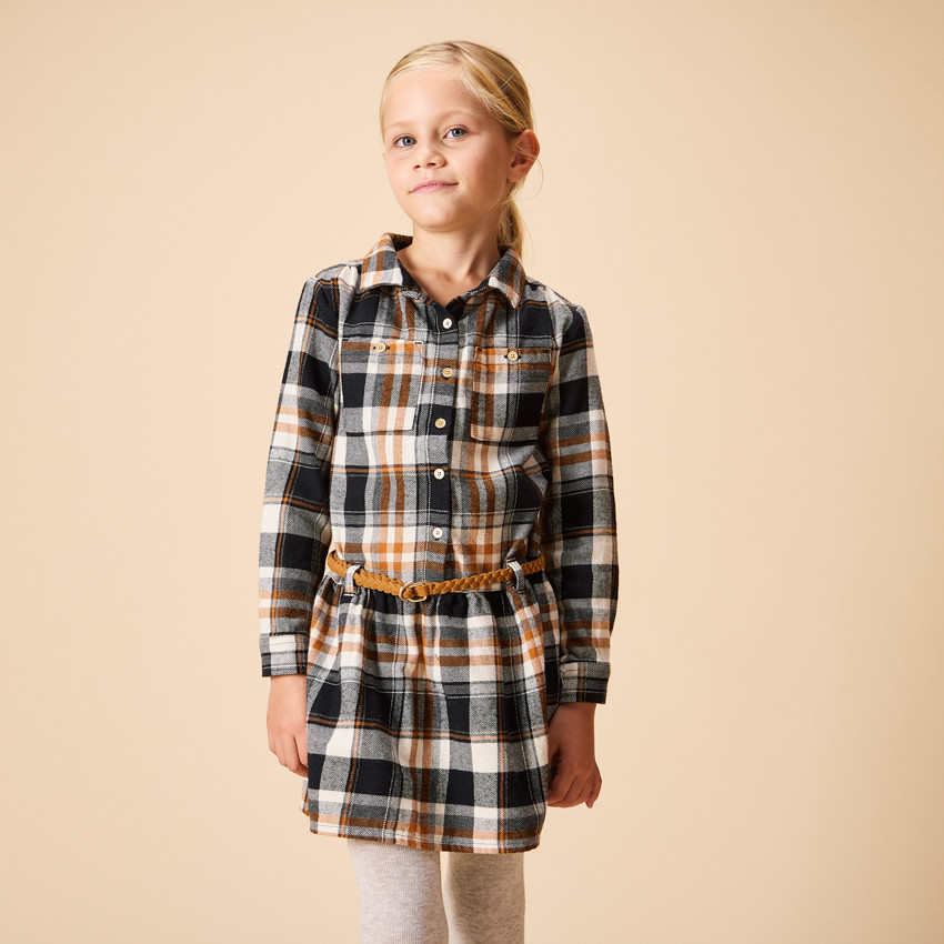 Robe chemise manches longues ceinturée à carreaux pour fille 