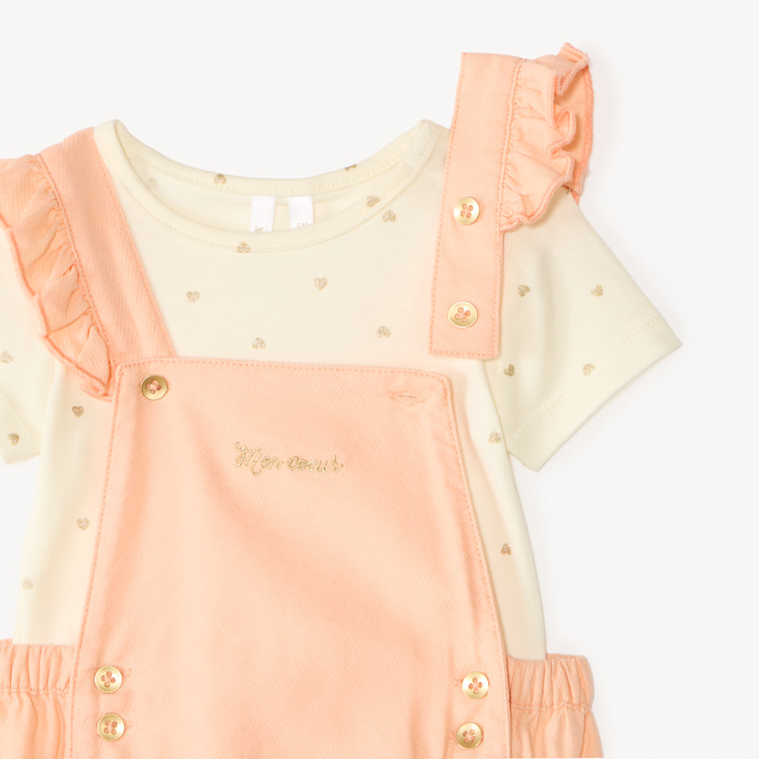 Ensemble court 2 pièces body + barboteuse fantaisie à cœurs pour bébé fille  