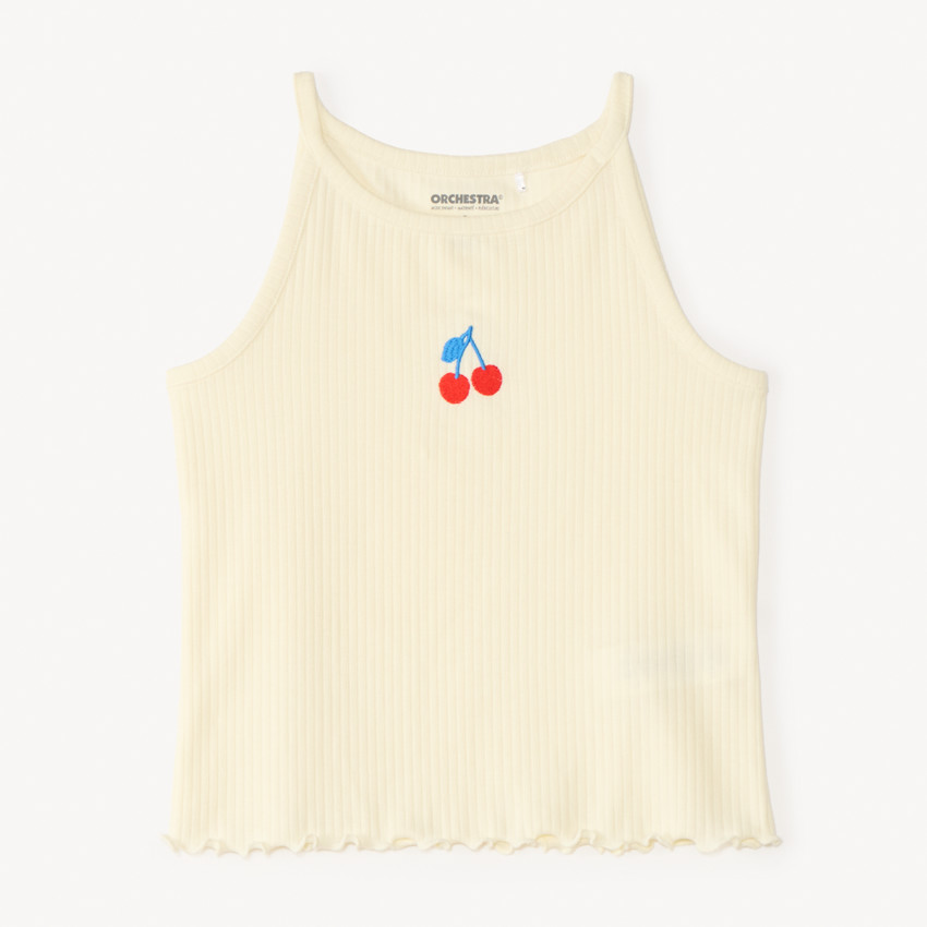 Débardeur court en maille côtelée broderie cerise fille 
