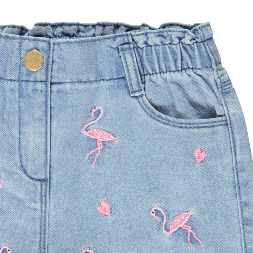 Korte denim short met geborduurde flamingo