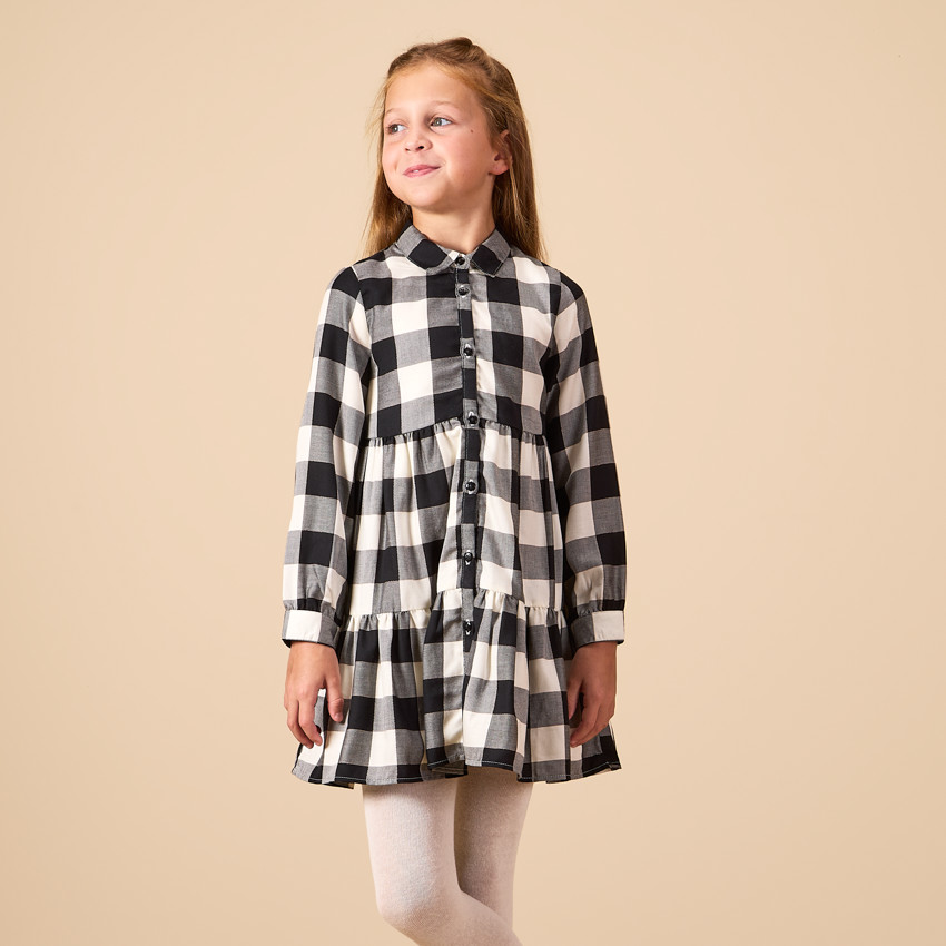 Robe manches longues à carreaux et col chemise pour fille 