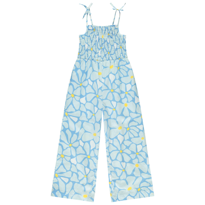Combinaison longue imprimé fleurs à smocks pour fille 