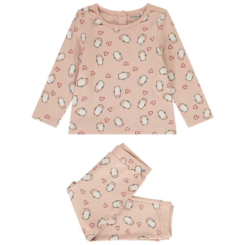 Pyjama 2 pièces imprimé pingouins et coeurs pour bébé fille 