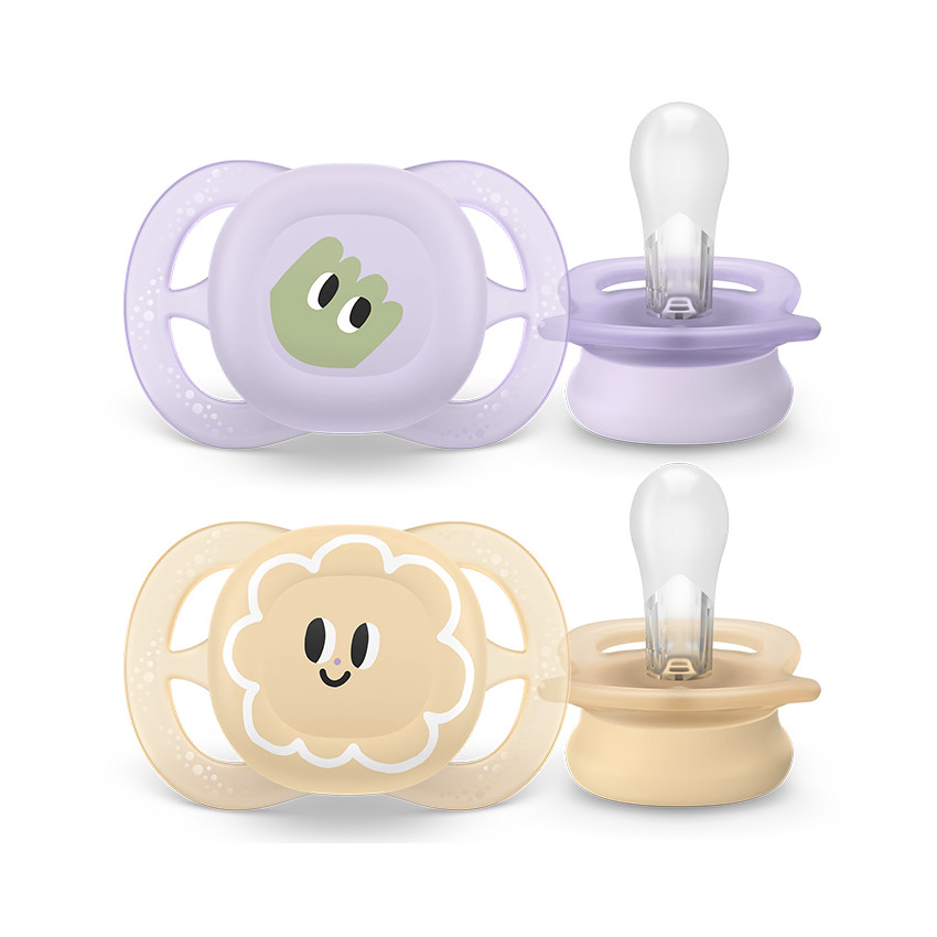 Lot de 2 sucettes silicone 0-2M Ultra Start décorées 