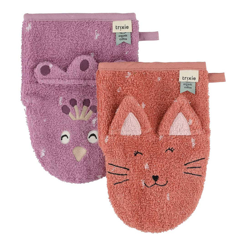 Set van 2 washandjes Mrs Cat en Mrs Peacock 