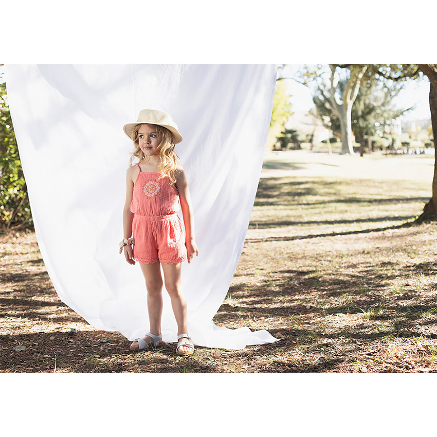 Combishort en gaze de coton à motif floral brodé 