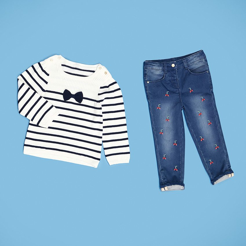 Pull marin boutonné avec nœud décoratif pour bébé fille 