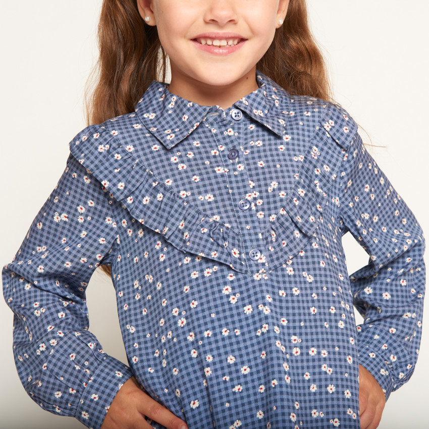 Robe manches longues à carreaux imprimé fleurs fille 