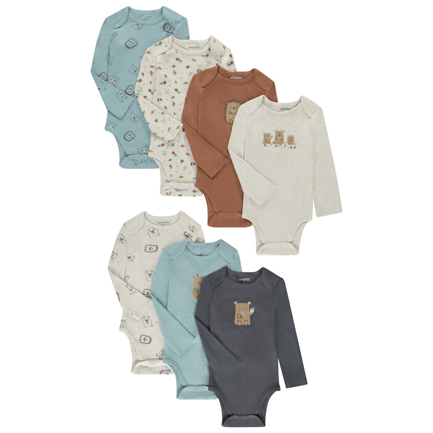 Set van 7 lange mouwen bodies met dierenmotief voor baby jongens met verschillende openingen afhankelijk van de leeftijd 